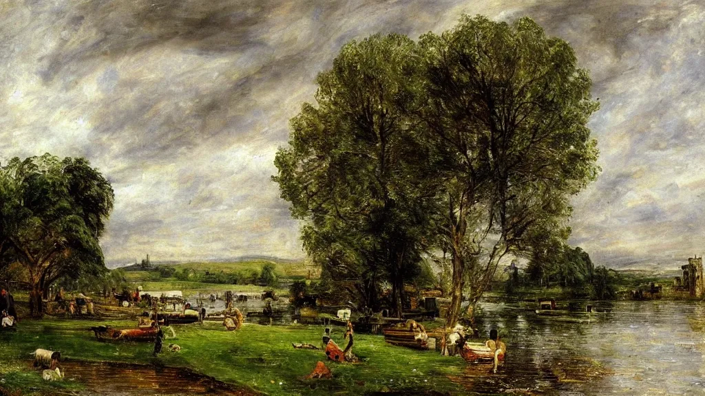 Image similar to portrait of a town by a lake, countryside, victorian, fantasy, cinematic lighting, realistic, highly detailed, painting by john constable