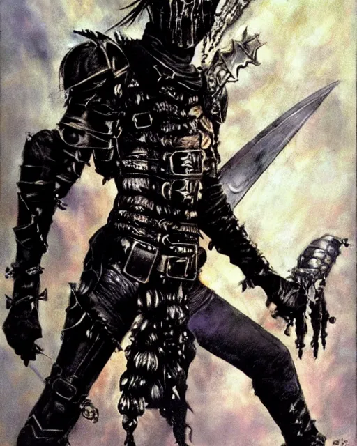 Image similar to portrait of a skinny punk goth steve buscemi wearing armor by simon bisley, john blance, frank frazetta, fantasy, thief warrior