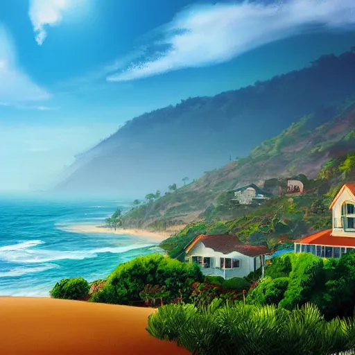 Prompt: malibu hills with ocean, pixar, disney, cinematic scene