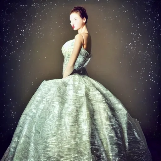 Image similar to Stunning picture of a model wearing a magnificent ball gown inspired by Van Gogh's Starry Night. Studio lighting