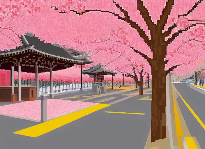 Prompt: pixel art of a bus stop in kyoto where cherry blossoms bloom a warm pink color.
