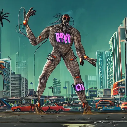 Prompt: gigantic building hovering above a city, long thick cables and trash hanging from underneath, smoke and thick dust in the air, rays of light, neon billboards and dried palmtrees in the streets, a mutant wrestler in fighter pose levitates in the center of the epic scene, scifi, illustration