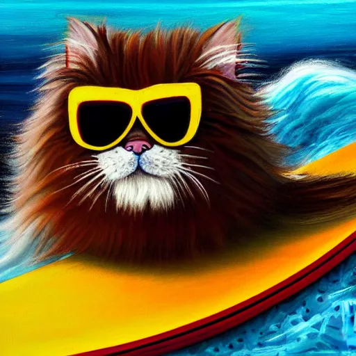 Prompt: long haired persian cat with colorful fur wearing sunglasses and riding on a surfboard with ocean wave background detailed painting 4 k