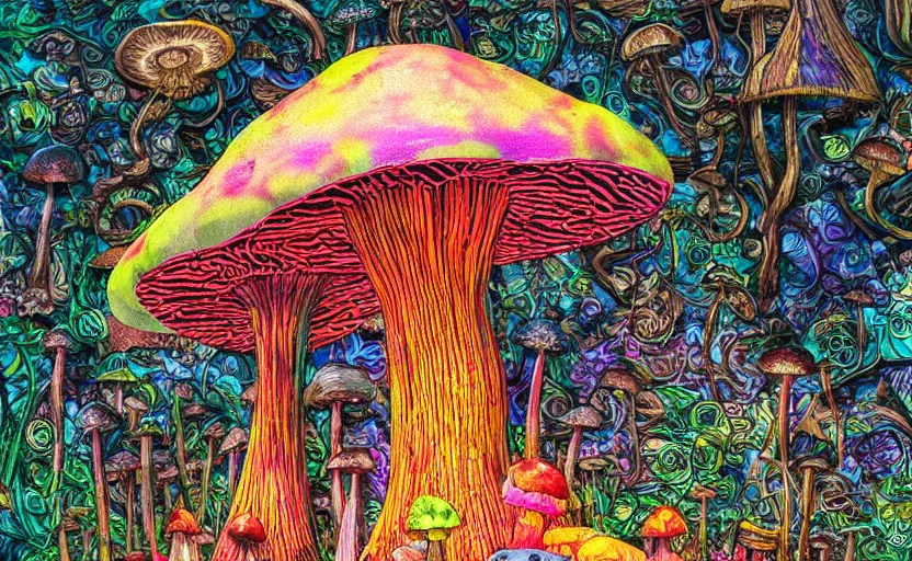 Prompt: one huge hyperdetailed elaborate mushroom, seen from the distance at night. in a wood made of paper and fabrics. 8 x 1 6 k hd mixed media 3 d collage in the style of a childrenbook illustration in pastel neon tones. shiny matte background no frame hd