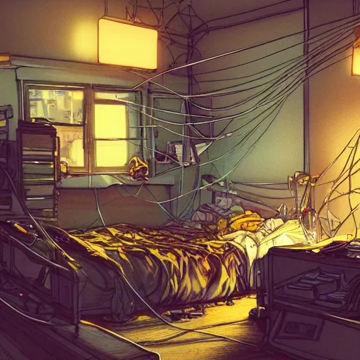 Prompt: a highly detailed illustration of a messy gamer's bedroom, tangled wires, dim lights, messy bed, a gigantic cage, cyberpunk, artstation