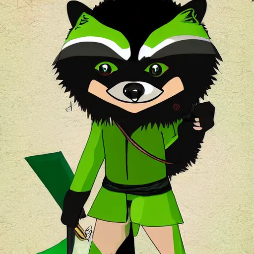 Image similar to digital art of a raccoon in a green rouge outfit duel wielding daggers