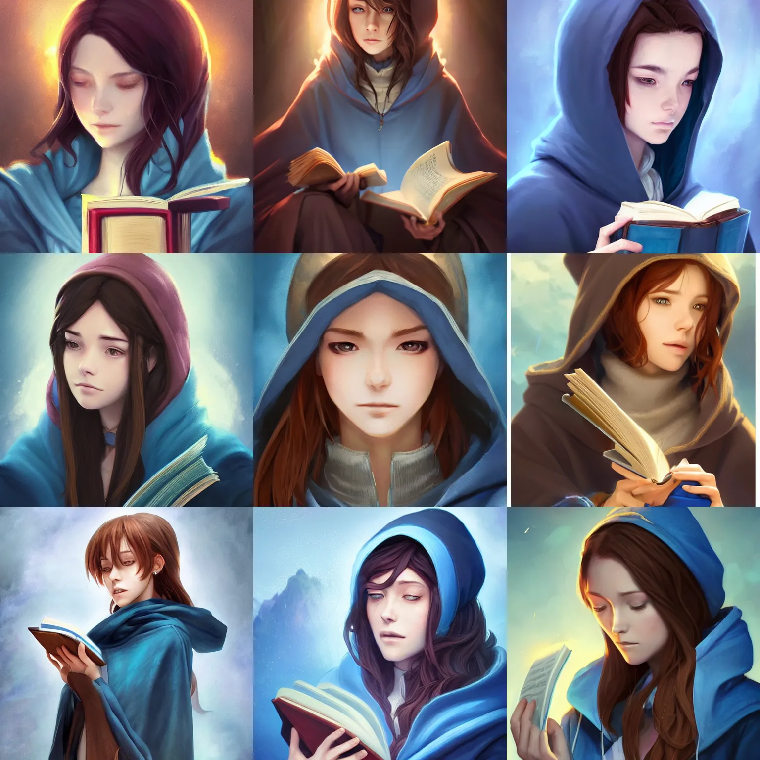 Prompt: beautiful portrait of a female wizard with brown hair wearing a blue hood and blue robe holding a book. character design by charlie bowater, ross tran, artgerm, and makoto shinkai, detailed, soft lighting, rendered in octane