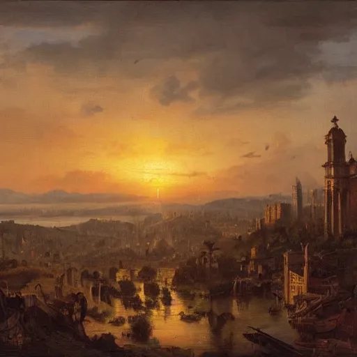 Image similar to vista of a city at sunset, the city is a sprawling renaissance city that is built on the rolling hills of a wide bay amidst cyclopean mausoleums with the rainforest at its edges, rpg, hubert robert, cityscape, vista, dying earth, reclaimed ruins