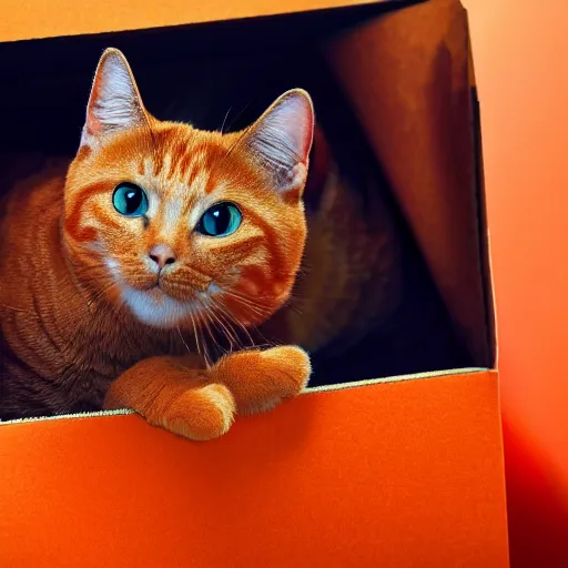 Image similar to an orange cat looking into a box ~ box is on fire ~ fire ~ high - resolution photo ~