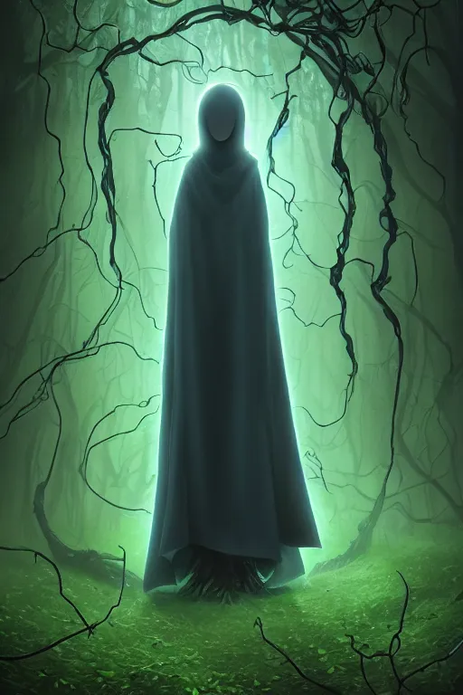 Image similar to A full body portrait of a ghost like character with no face, glowing eyes and a very long hooded dark green cloak made of leaves and vines, forest spirits flying in the background art by Shaddy Safadi and Jason Chan, ominous, cosmic horror, trending on artstation, Ultra detailed, hyper realistic 4k