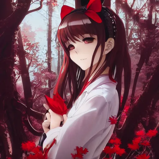 Prompt: anime key visual of a beautiful young female wearing cat ears and a boy wearing white shirt and red tie, intricate, magical forest, stunning, highly detailed, digital painting, artstation, smooth, hard focus, illustration, predator movie, prey movie ( 2 0 2 2 ), art by artgerm and greg rutkowski and alphonse mucha