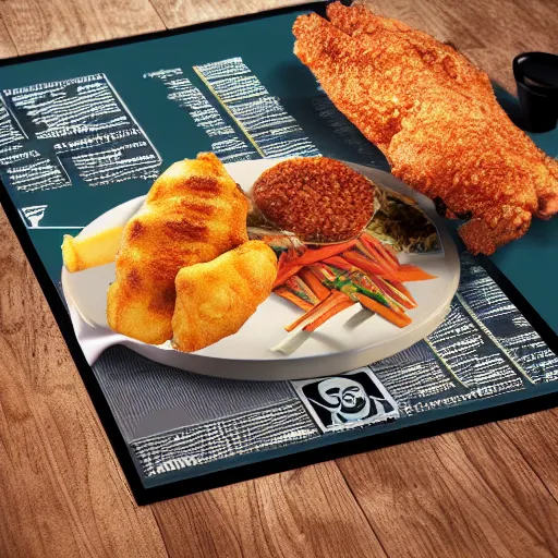 Prompt: chicken fried on a computer cpu plate, food, poster, orthographic, octane