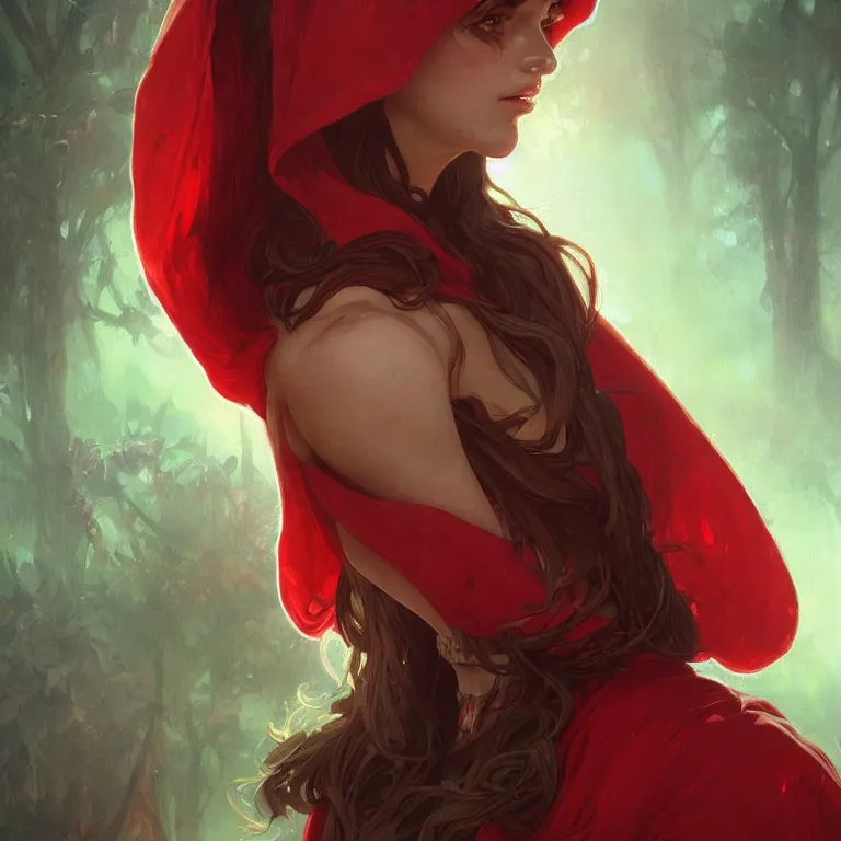 Image similar to a beautiful portrait of red riding hood, headshot, highly detailed, digital painting, artstation, concept art, sharp focus, cinematic lighting, illustration, art by artgerm and greg rutkowski, alphonse mucha, cgsociety