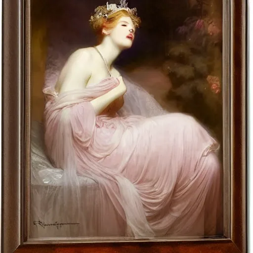 Image similar to blonde beautiful sleeping princess by franz xaver winterhalter and delphin enjolras and rebecca guay