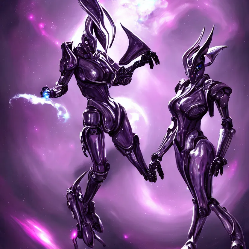 Image similar to cinematic bust shot, cosmic sized proportional stunning beautiful hot female warframe, detailed robot mecha female dragon head, metal ears purple eyes, sleek silver armor, fuschia skin, floating in empty space, nebula sized, posing elegantly, epic proportions, epic size, epic scale, furry art, dragon art, giantess art, warframe fanart, furaffinity, deviantart