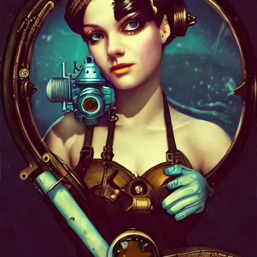 Image similar to lofi underwater bioshock steampunk portrait, Pixar style, by Tristan Eaton Stanley Artgerm and Tom Bagshaw.