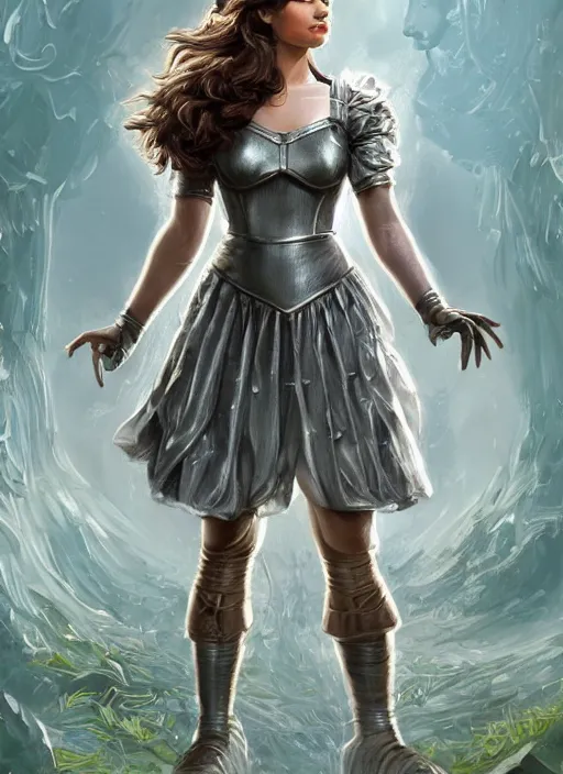 Image similar to beautiful female dorothy gale, rebecca romijn as dorothy, full body character concept, covered in full silver armor, art nouveau, super powers, fantasy, intricate, elegant, highly detailed, digital painting, artstation, concept art, shining, sharp focus, illustration, art by stanley lau