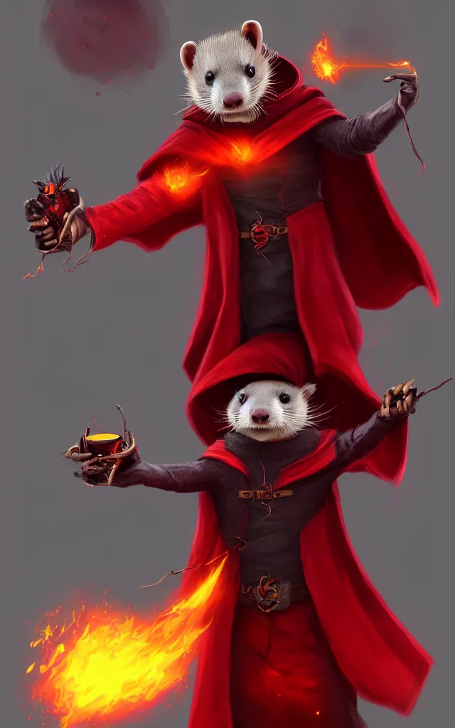 Image similar to a anthropomorphic ferret is a dark warlock dressed red robes, he's very menacing and evil, he's holding a fireball, hyperdetailed, artstation, cgsociety, 8 k