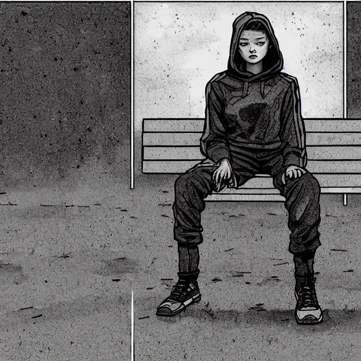 Prompt: sadie sink in hoodie sits on bench in a square, pedestrians walk by. background of old soviet monument and pedestrians. storyboard, scifi cyberpunk. by gabriel hardman, joe alves, chris bonura. cinematic atmosphere, detailed and intricate, perfect anatomy