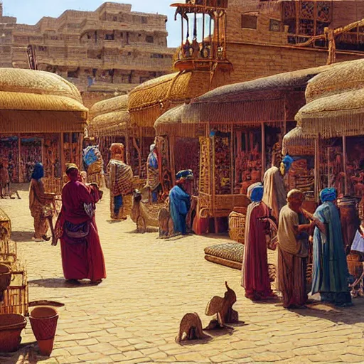 Prompt: a busy bazaar in ancient babylon on a sunny day, camels, merchants, high detail, painting by ted nasmith and larry elmore