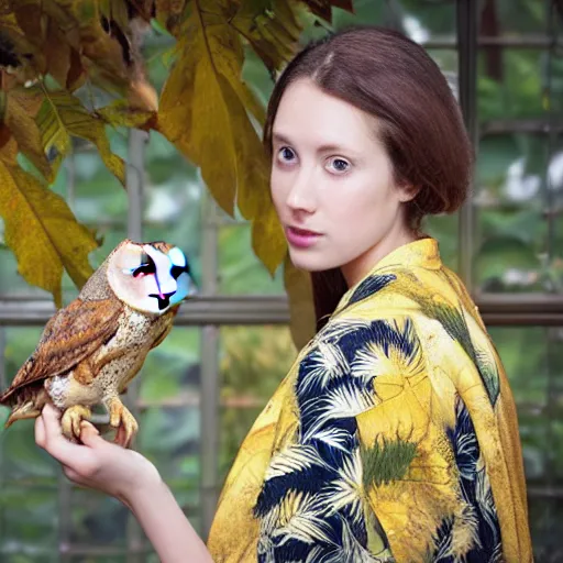 Prompt: portrait photograph of beautiful!!!! young female , symmetric face!, symmetric eyes, slight smile, natural light, wearing a yellow kimono!! with a very detailed barn owl! on her shoulder in a tropical greenhouse. looking at the camera!!. golden crown made of golden leaves. super resolution. Extremely detailed. Graflex camera!, bokeh!!!!!. by alphonse mucha.