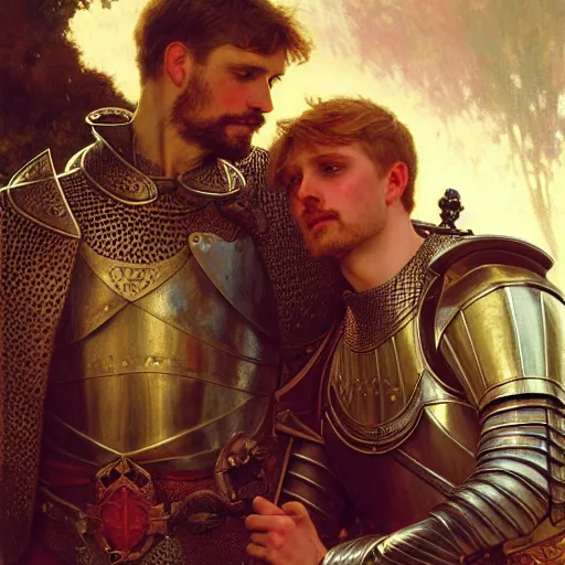 Image similar to attractive arthur pendragon and his attractive male knight, they are in love, natural lighting, path traced, highly detailed, high quality, digital painting, by gaston bussiere, craig mullins, alphonse mucha j. c. leyendecker