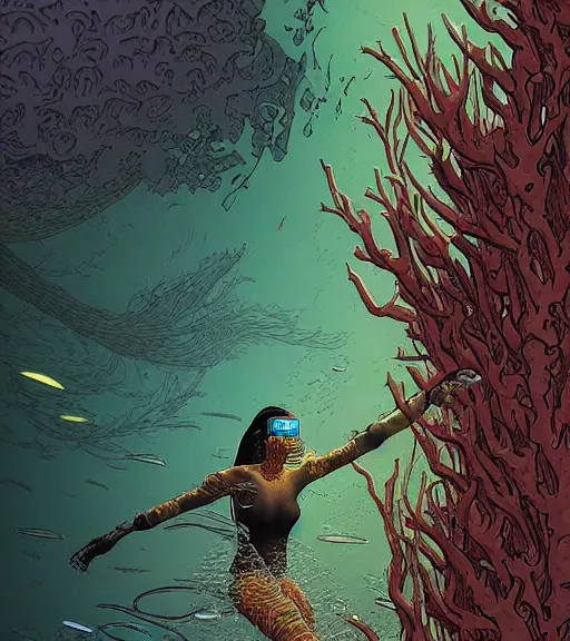 Prompt: a cyberpunk diver Polynesian woman swims through a dark alien coral reef, techwear, Industrial Scifi, detailed illustration, character portrait, by Martin Grip and Moebius