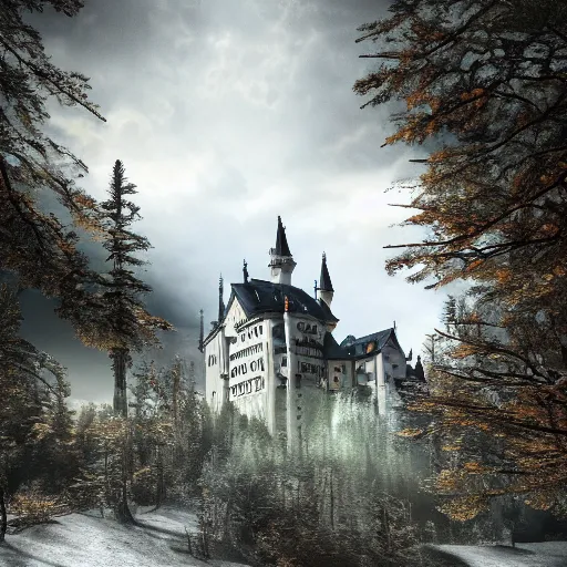 Image similar to ((Neuschwanstein)) in a !!! post-apocalyptic!!! landscape, cinematic, atmospheric, highly detailed, HDRI, 8k octane render, hyper realistic