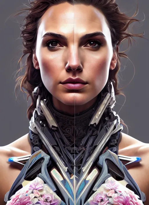 Prompt: symmetry!! portrait of floral gal gadot! horizon zero dawn machine, intricate, elegant, highly detailed, digital painting, artstation, concept art, smooth, sharp focus, illustration, art by artgerm and greg rutkowski and alphonse mucha, 8 k