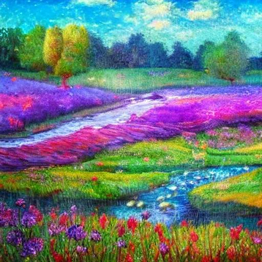 Image similar to an impressionist painting of a gorgeous meadow filled with colorful mushrooms with a stream flowing through it, psychedelic colors, colorful sky in background, high detail, trending on artstation