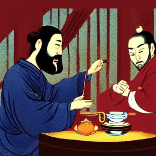 Prompt: confucius, lao tzu, jesus drinking tea in a chinese tea house, happy, smiling, fist bumping