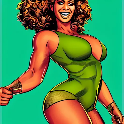 Image similar to Singer Beyoncé as She-Hulk, smiling, poster framed, comic pinup style, sports illustrated, detailed legs, artstation, illustration, posterized, Roge Antonio, Jen Bartel