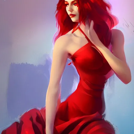 Prompt: a beautiful artwork of a woman with red dress and red hair by riot games, featured on artstation