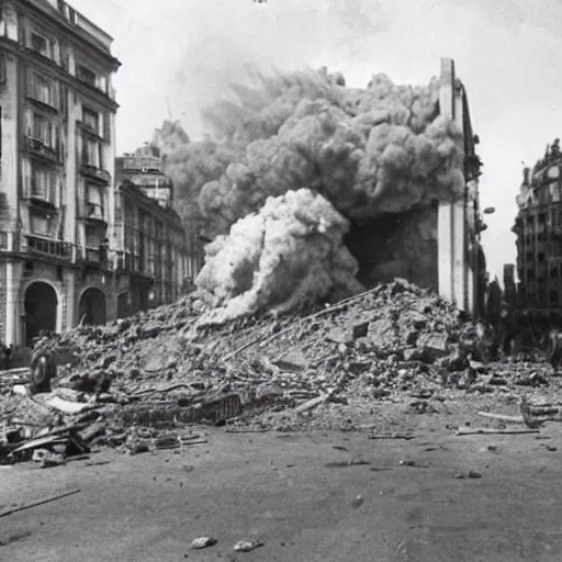 Prompt: A photo of a Puerta de Alcalá (Madrid) being destroyed by a nuclear bomb during the Spanish Civil War