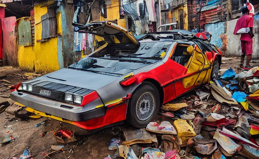 Prompt: a red and yellow delorean in ajegunle slums of lagos - nigeria, magazine collage, masterpiece,