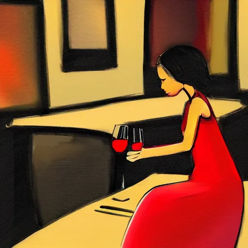 Prompt: sketch of a girl in a red dress on a date night sitting on the table from front with a wine sushi on the table