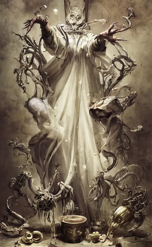 Image similar to a painting of a white robed magician behind a table, right hand points up holding a wand, left hand points down, cup, sword, pentacle, wand, a surrealist painting by marco mazzoni, peter mohrbacher, nychos, cgsociety, neo - figurative, detailed painting, rococo, oil on canvas, biomorphic, lovecraftian