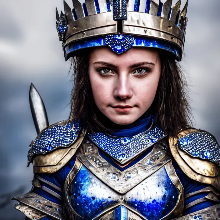 Image similar to photo of a cute warrior queen wearing sapphire encrusted armour, highly detailed, 4 k, hdr, smooth, sharp focus, high resolution, award - winning photo