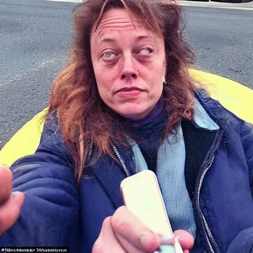 Image similar to this homeless woman looks like elon musk if he was poor asf, accidentally taking a selfie, front camera, camera flash is so bright in his face, viral, selfie, viral on twitter, viral on instagram, viral photo
