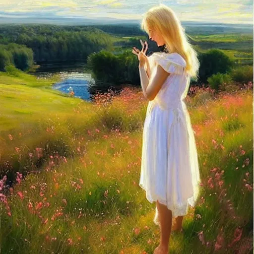 Image similar to blonde woman, dress, swedish countryside, archipelago, morning, masterpiece, highly detailed, beautiful, atmospheric, impressionism, painting by Vladimir Volegov