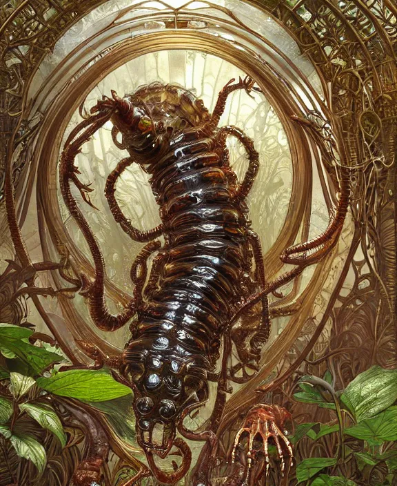 Image similar to intricate ornate opulent transparent clear see - through portrait of a terrifying beautiful emaciated male alien centipede, mottled coloring, adorable, childlike, overgrown jungle environment, ultra realistic, concept art, art nouveau, photorealistic, octane render, 8 k, unreal engine. art by christopher marley and artgerm and greg rutkowski and alphonse mucha