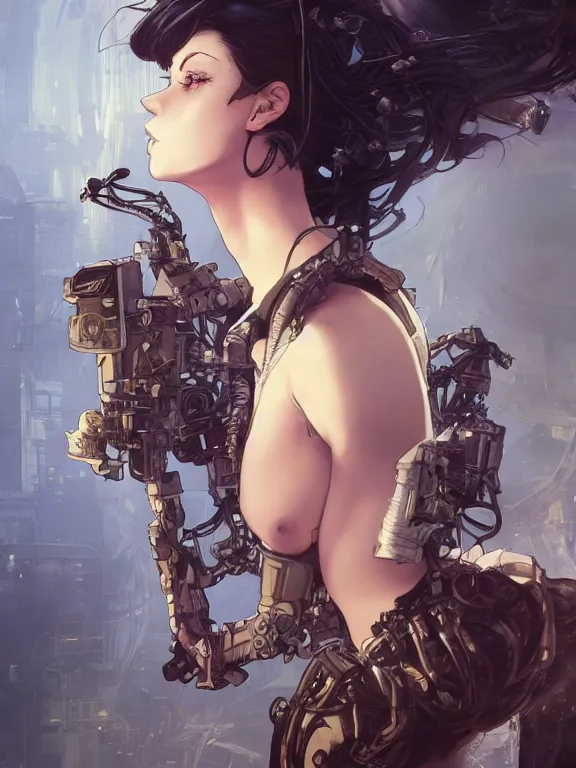 Image similar to full body picture of a biopunk powered suite girl looking at the camera, cynical, bored, being tired at war, beautiful and aesthetic, intricate, unreal engine, messy hair, highly detailed, detailed face, smooth, sharp focus, chiaroscuro, manga illustration, artgerm, greg rutkowski, alphonse mucha, young adult light novel cover art