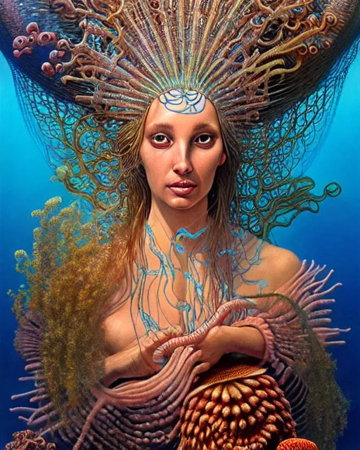 Image similar to realistic detailed underwater portrait of the goddess of the fish of the three times with an intricate headdress of corals, sea kelp, sea plants, fish, jellyfish, art by boris vallejo, ernst haeckel, zdzisław beksinski, gothic, neo - gothic, ornamental,