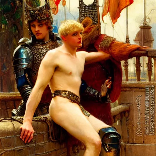 Image similar to attractive fully clothed arthur pendragon confesses his love for his attractive fully clothed male knight. highly detailed painting by gaston bussiere and j. c. leyendecker 8 k