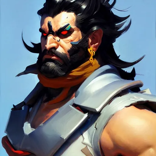 Image similar to Greg Manchess portrait painting of a Lobo as Overwatch character, medium shot, asymmetrical, profile picture, Organic Painting, sunny day, Matte Painting, bold shapes, hard edges, street art, trending on artstation, by Huang Guangjian and Gil Elvgren and Sachin Teng