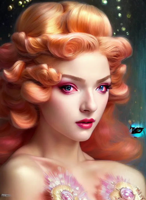 Prompt: glamorous princess peach portrait, seductive eyes and face, elegant, lascivious pose, very detailed face, studio lighting, photorealism, wearing Forerunner armor from Halo portrait by Magali Villeneuve and Steve Argyle,Livia Prima,Mucha,dress,fantasy art,beautiful,artstation,trending on artstation,intricate details,alluring,masterpiece