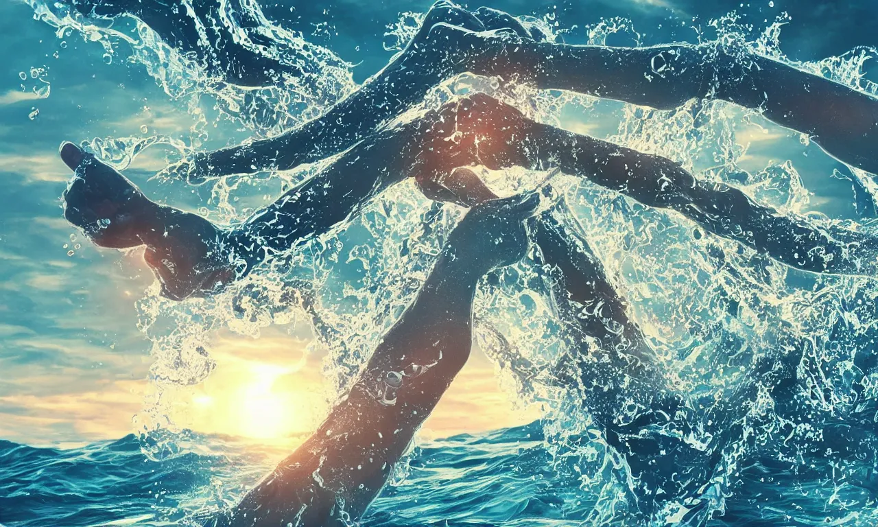 Prompt: illustration of many highly accurate arms gripping each other by the forearms, at sunset, in the style trending on artstation, cinematic, expressing the idea of teamwork, with water, waves, ocean spray, dramatic lighting