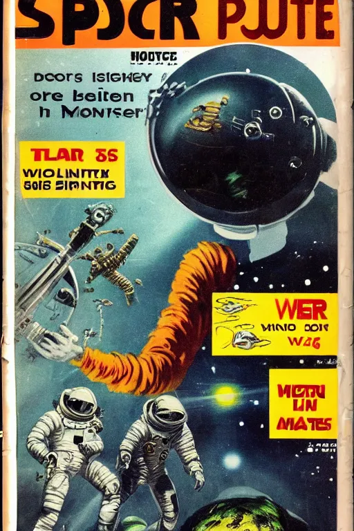 Prompt: photo of poor condition vintage pulp scifi science fiction magazine cover space lunacy, showing men wearing space suits shooting laser guns at a monster on an alien planet, only c 7 5, 4 k, high def
