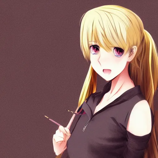 Prompt: advanced digital anime art, female teen with red eyes and blonde / yellow hair that is to neck length wearing a dark grey school outfit. drawn by Shikamimi, WLOP,rossdraws