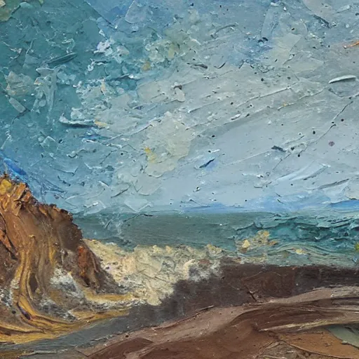 Prompt: oil paint impasto relief, beautiful evening italian beach scene, stormy rough sea, multi layered thick brush marks, some splattered paint, in the style of ivan shishkin and frank auerbach and van gogh